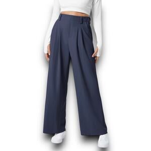 NEW Halara High Waisted Wide Leg Pants Waffle Knit Pleated Navy Blue Large P